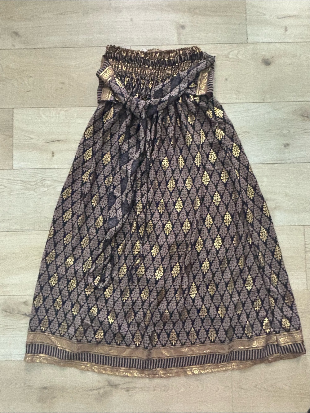Vintage Ashley Taylor Boho Black Maxi Skirt with Gold Print Silk Maxi